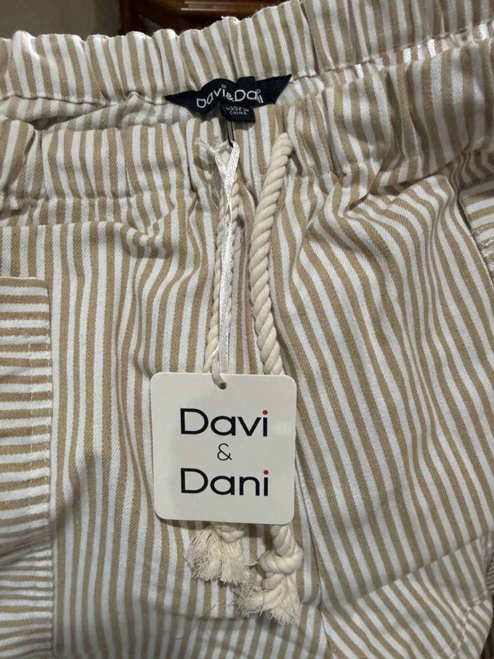 NEW-DAVI & DANI Beige Striped Wide-Leg Drawstring Pants - Picture 7 of 7